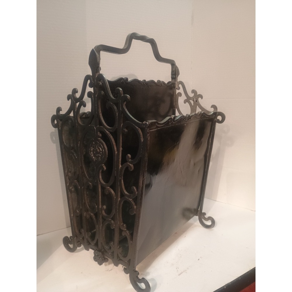 Vintage Wrought Iron Ornate Magazine & Newspaper Holder Rack With Handle